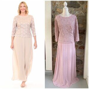 NWT Alex Evenings Long Gown Sequin Lace Bodice & Chiffon Skirt Pink $209
